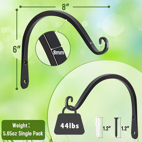 FEED GARDEN Heavy Duty Plant Hangers Outdoor Indoor, 8 Inch 2 Pack Metal Hanging Bracket Holds Up to 44 lbs, Wall Brackets for Hanging Baskets, Bird Feeders,Wind Chime& Lanterns, Black