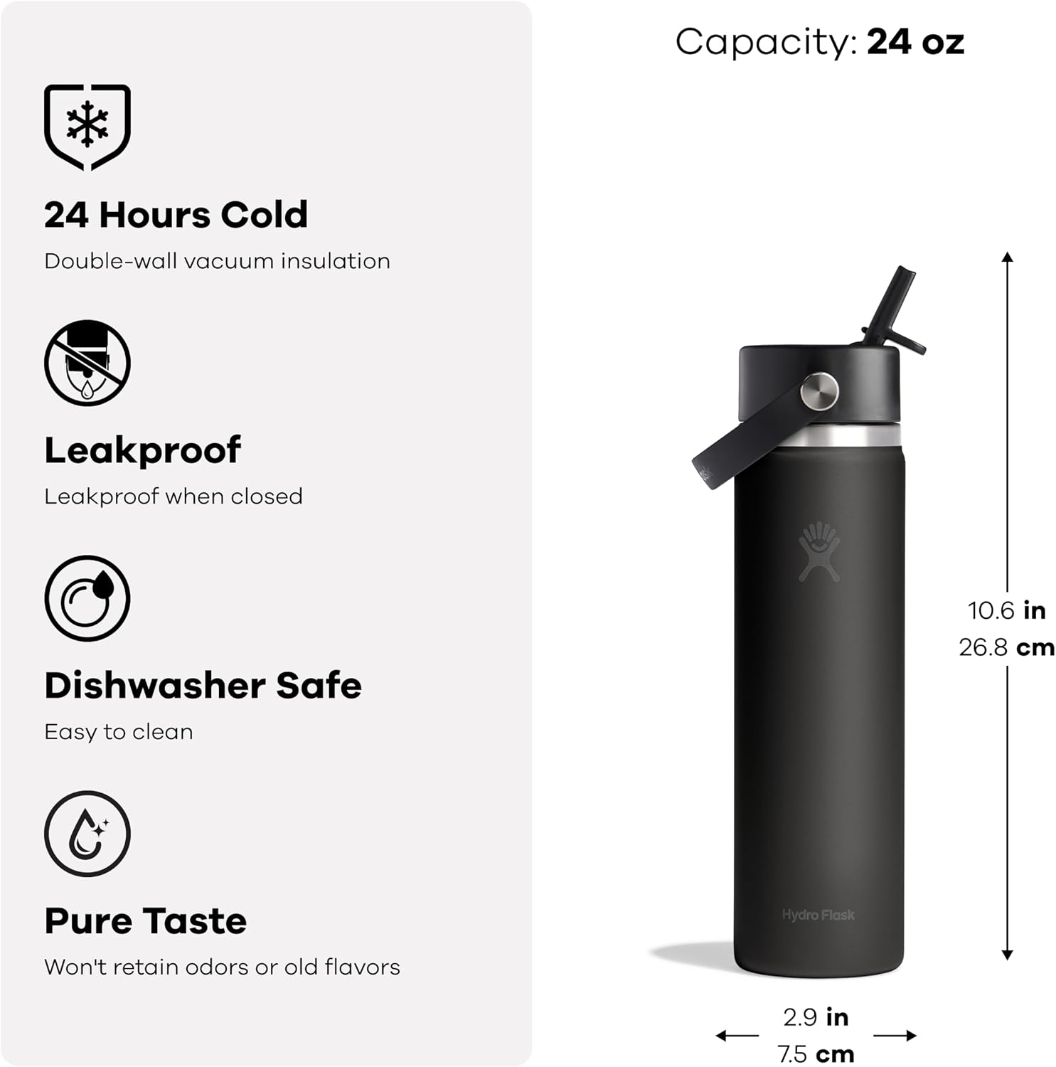 Hydro Flask Water Bottle - Insulated Stainless Steel - Wide Straw Lid, Non Spill, Leakproof in 24 Oz Tonal Black