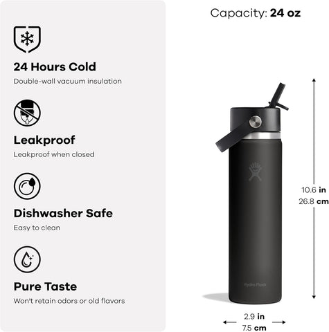 Hydro Flask Water Bottle - Insulated Stainless Steel - Wide Straw Lid, Non Spill, Leakproof in 24 Oz Tonal Black