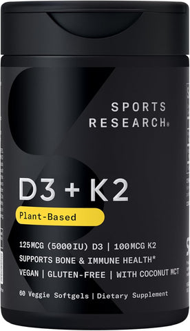 Sports Research® Vegan Vitamin D3 + K2 w/Coconut Oil, 60 Count Plantgels™