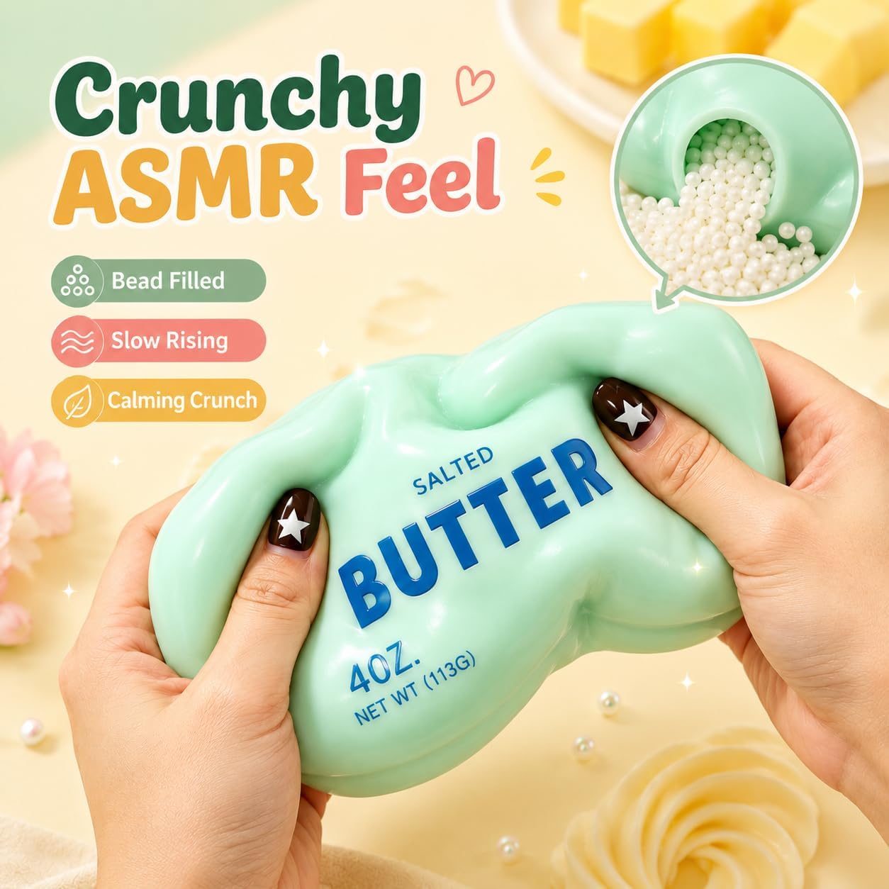 Crunchy Butter Squishy Asmr Bead Filled, Slow Rising Squeeze (Green Butter)