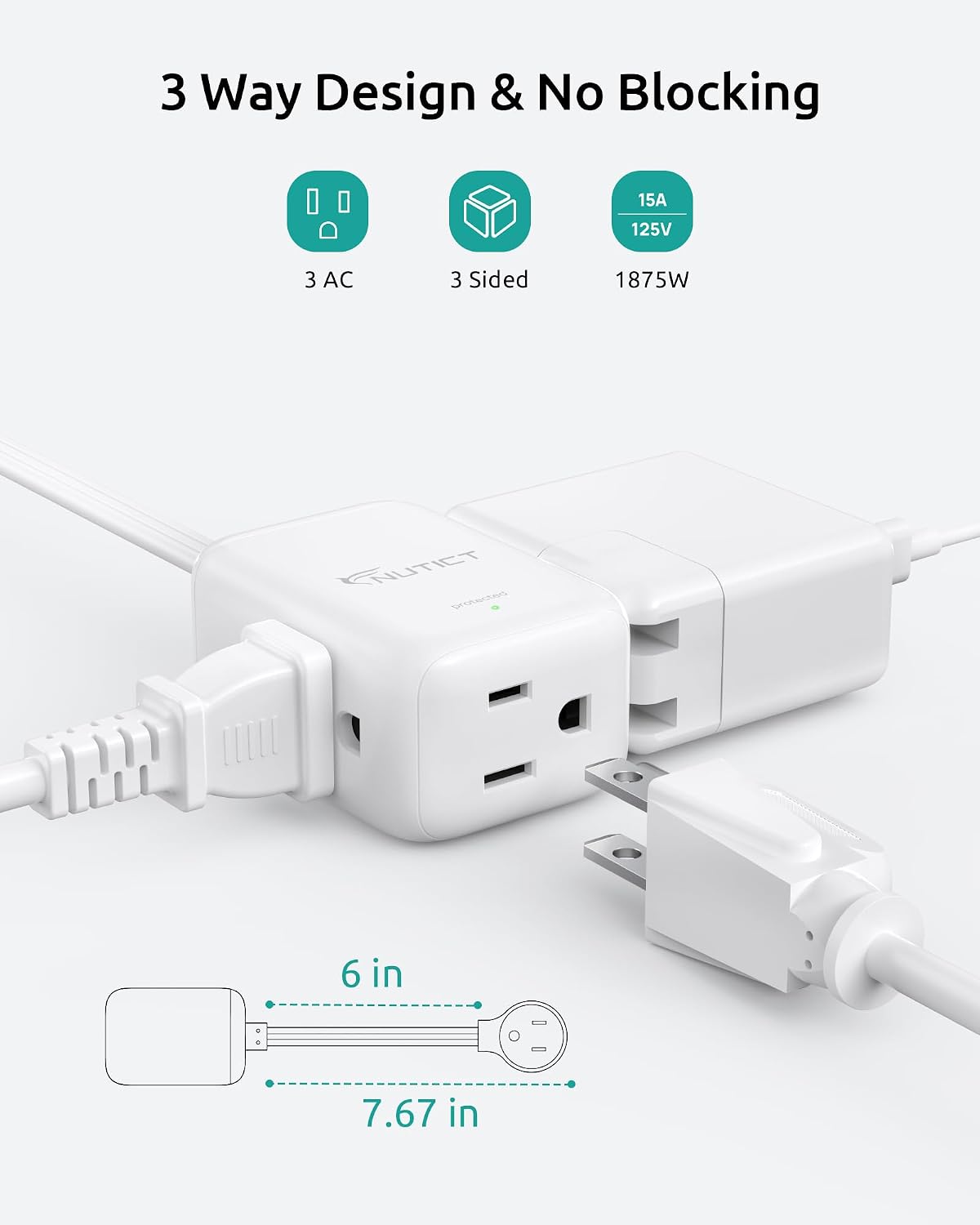 Short Extension Cord 6 Inch, 3 Outlet Extender, 3 Way Flat Plug Splitter
