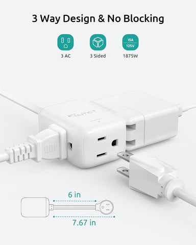 Short Extension Cord 6 Inch, 3 Outlet Extender, 3 Way Flat Plug Splitter
