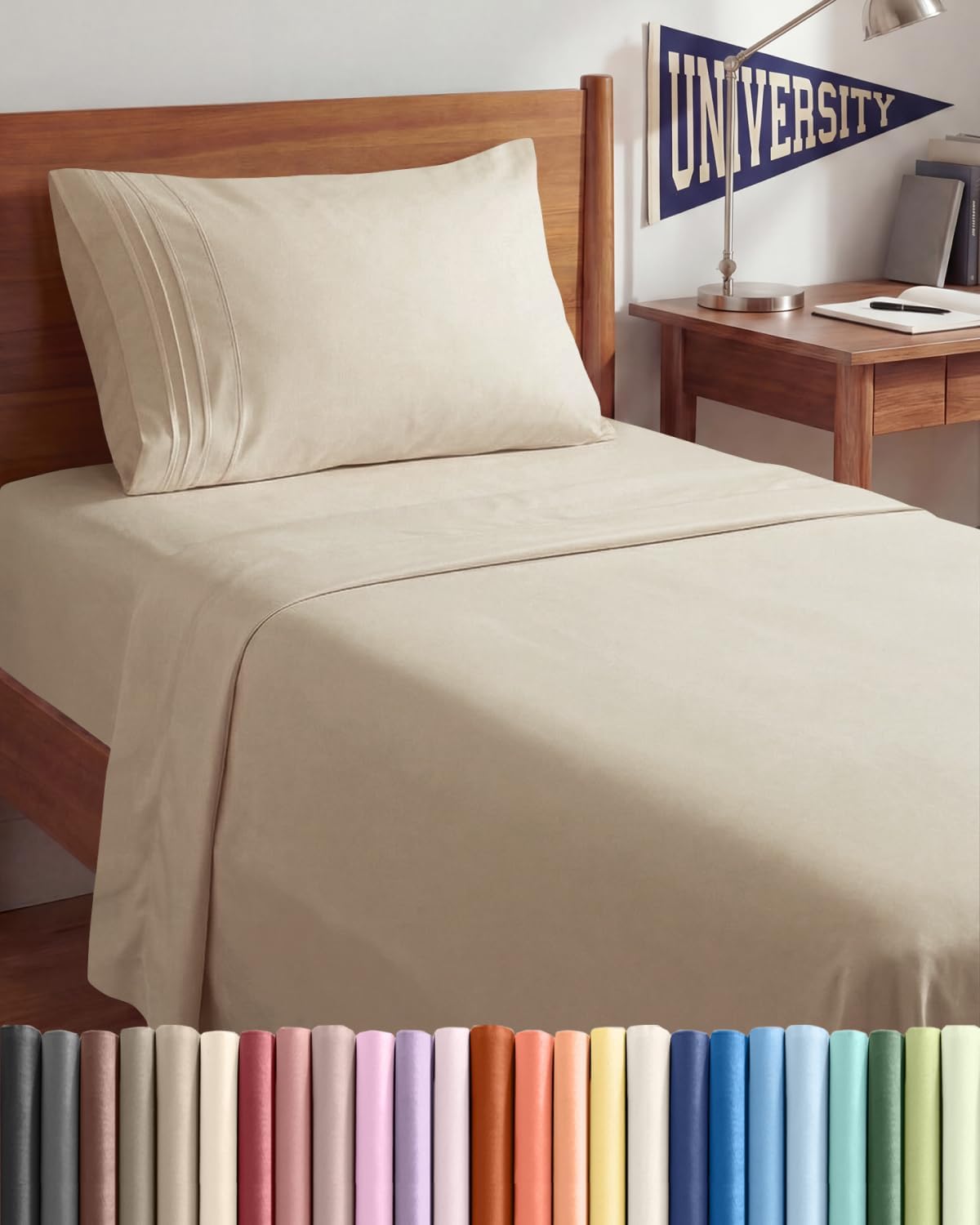 Twin XL 3 Piece Sheet Set - College Dorm Room Essentials - Wheat