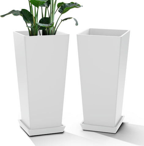 24" Set of 2 Tall White Planters for Outdoor Plants, Tapered