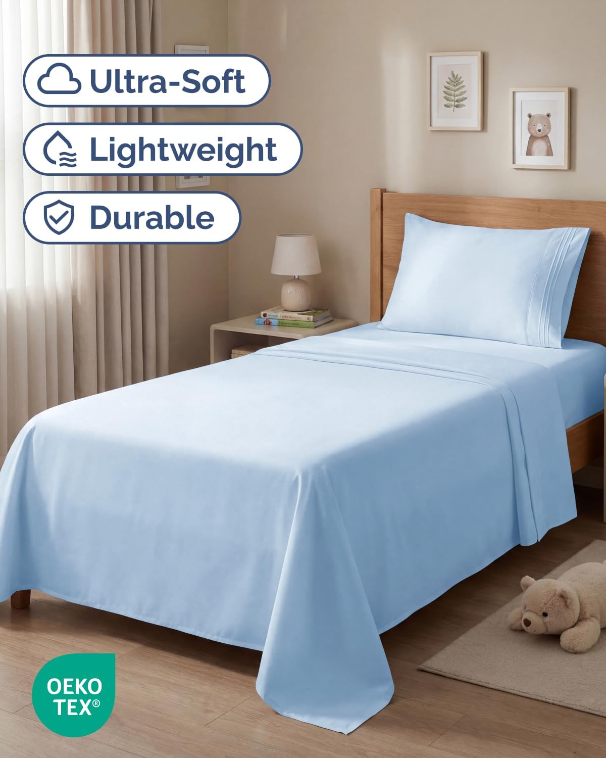 Twin Size 3 Piece Sheet Set - Breathable & Cooling Sheets - Light Blue