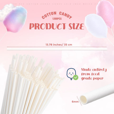 Honeydak 1200 Pcs Cotton Candy Cones 13.8 Inch White Sticks for Parties