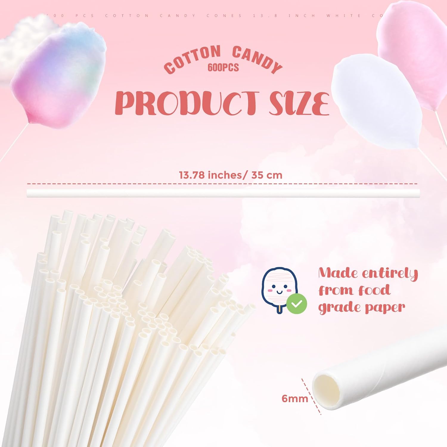 Honeydak 400 Pcs Cotton Candy Cones 13.8 Inch White Sticks for Parties