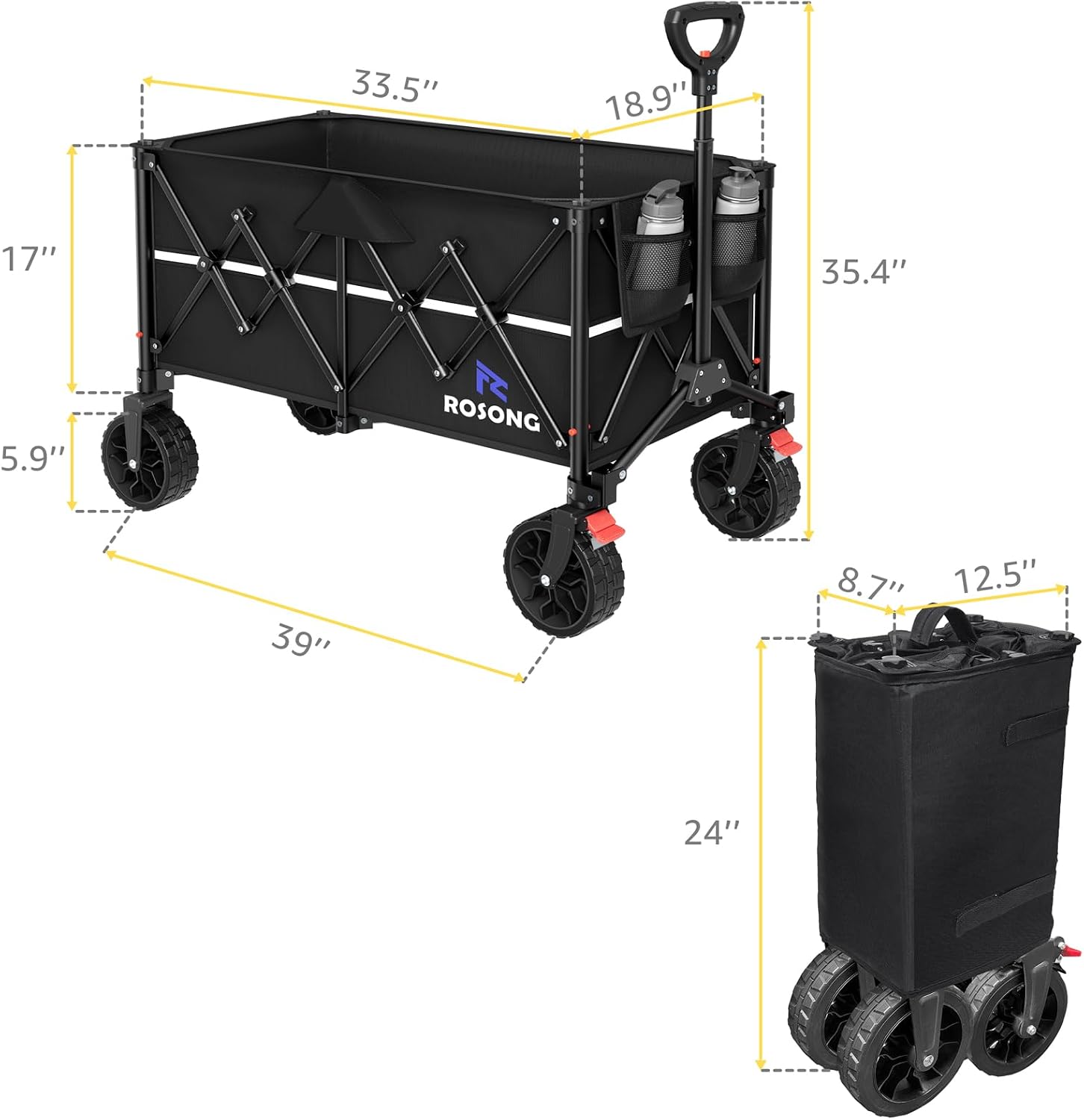 ROSONG Collapsible Wagon Cart with Wheels Foldable - Folding Utility Heavy Duty Wagons Carts for Grocery Sports Garden Shopping Camping Wheelbarrows (Black, 150L)