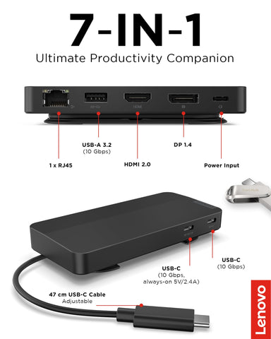 Lenovo USB-C Dual Display Travel Dock - 7 Ports, Integrated USB-C Cable, Universal Compatibility, Dual Displays at 4K - Black