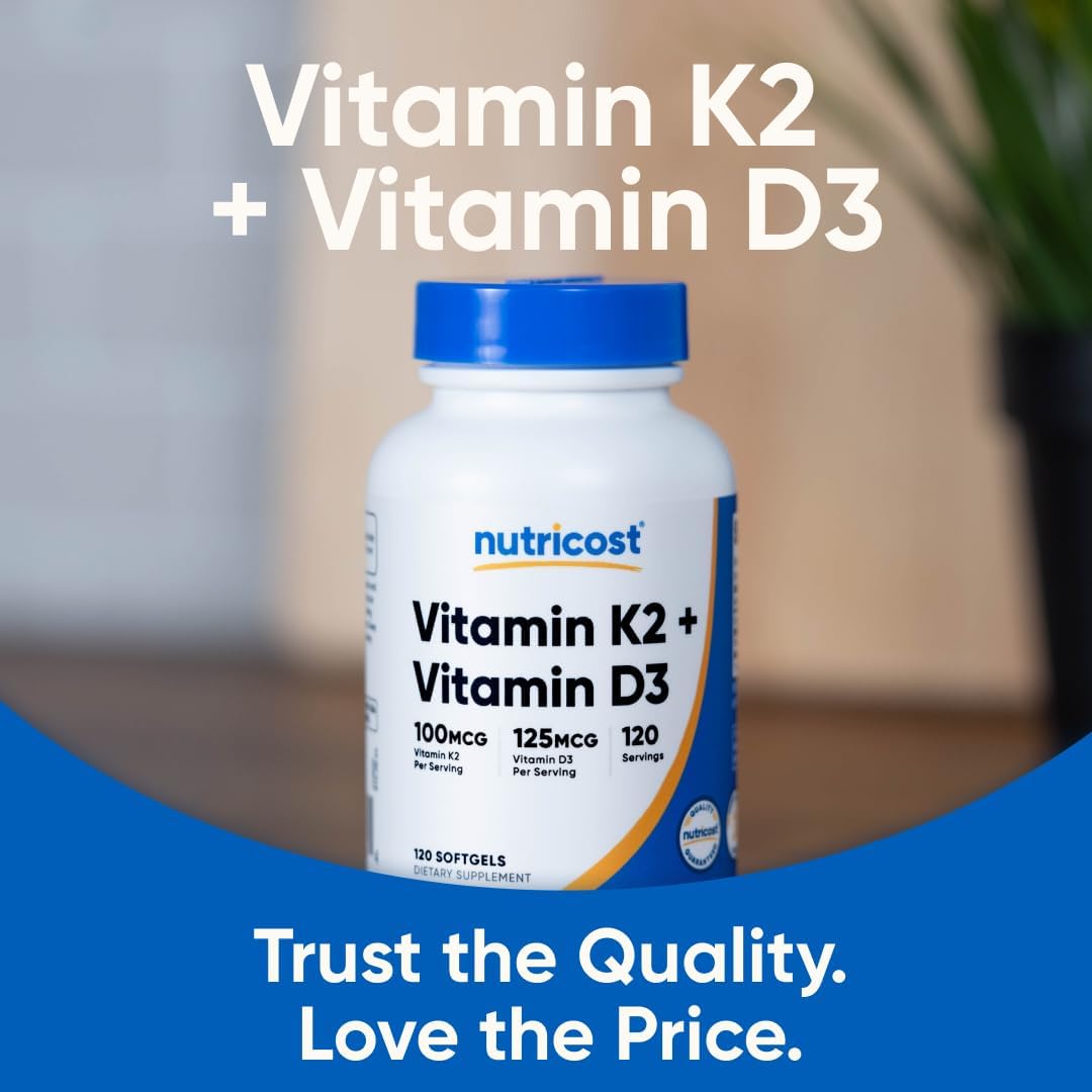 Nutricost Vitamin D3 + K2 (5000 IU D3 / 100mcg MK7) 120 Softgels, GMO-Free