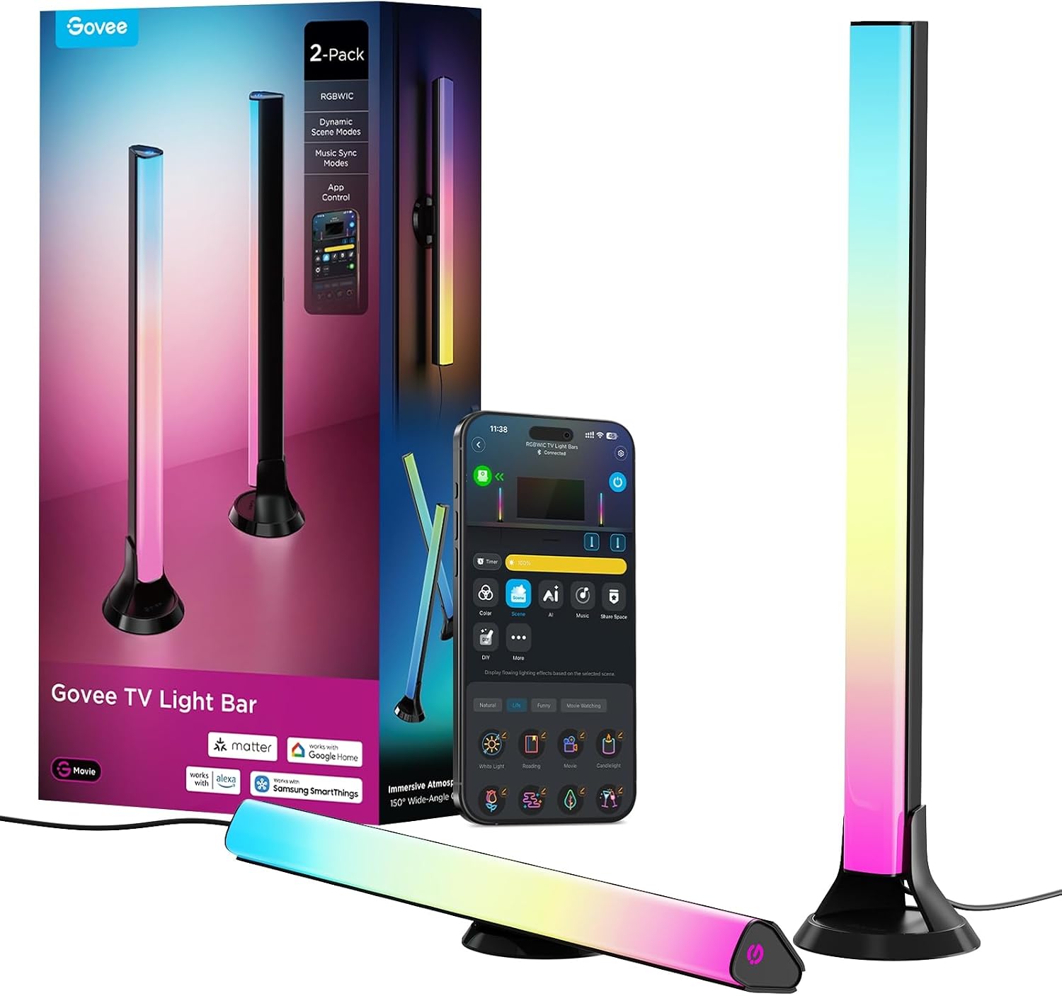 Govee Smart RGBWIC Light Bars, 15-Inch WiFi TV Backlight for 45-70-Inch TVs