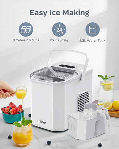 Silonn Ice Maker Countertop, Portable Ice Machine with Carry Handle, Self-Cleaning Ice Makers with Basket and Scoop, 9 Cubes in 6 Mins, 26 lbs per Day, Ideal for Home, Kitchen, Camping, RV, White