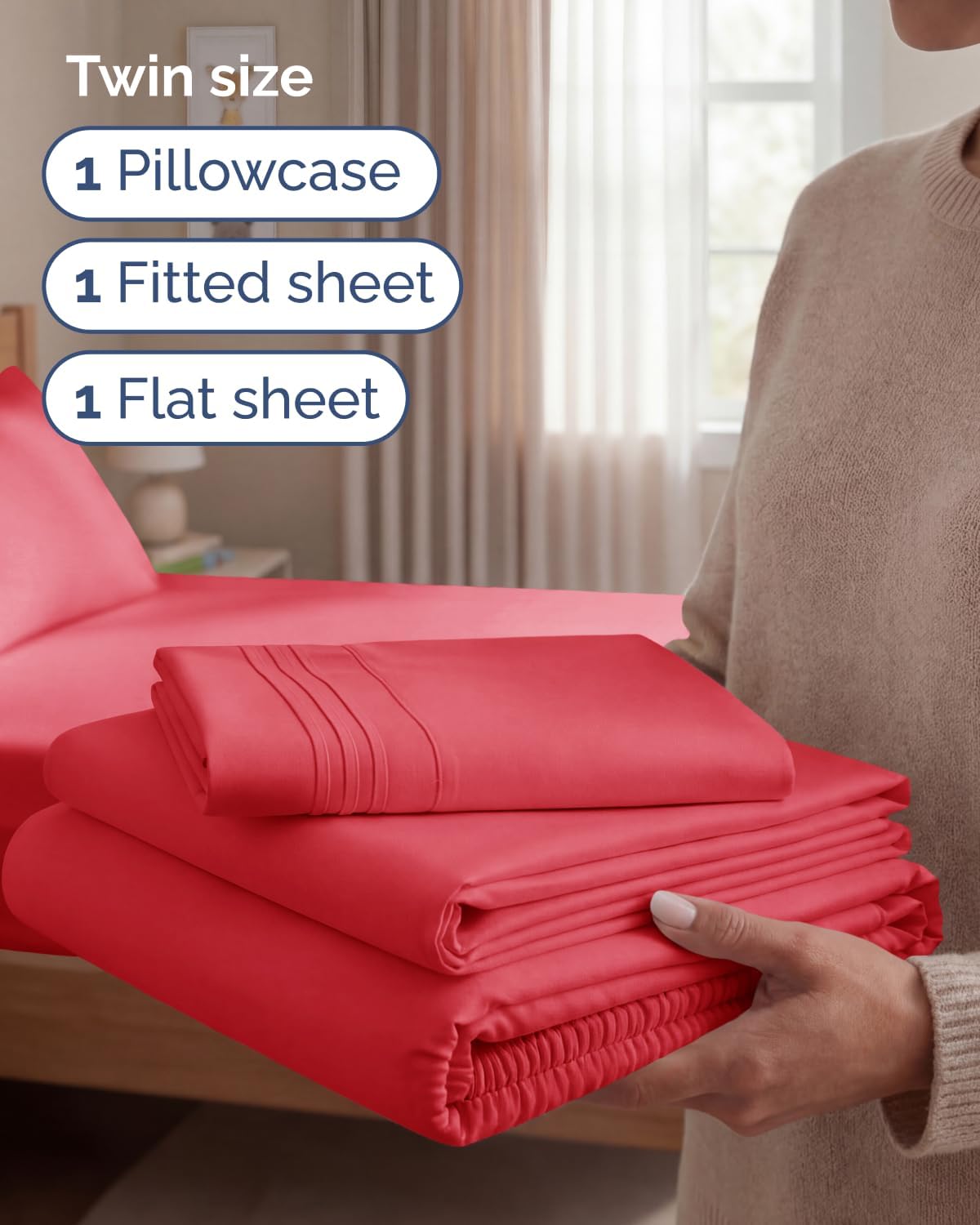 Twin Size 3 Piece Sheet Set - Comfy Breathable & Cooling Bed Sheets - Red