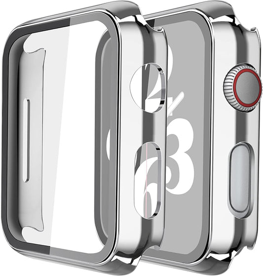 Misxi 2 Pack Hard PC Case with Tempered Glass Screen Protector Compatible with Apple Watch Series 6 SE Series 5 Series 4 40mm, 1 Silver + 1 Transparent