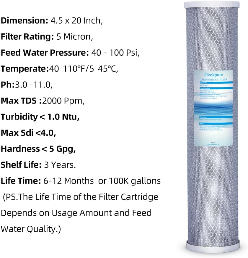 Geekpure 20 Inch Whole House PP and Carbon Filters-4.5 x 20 Inch-5 Micron