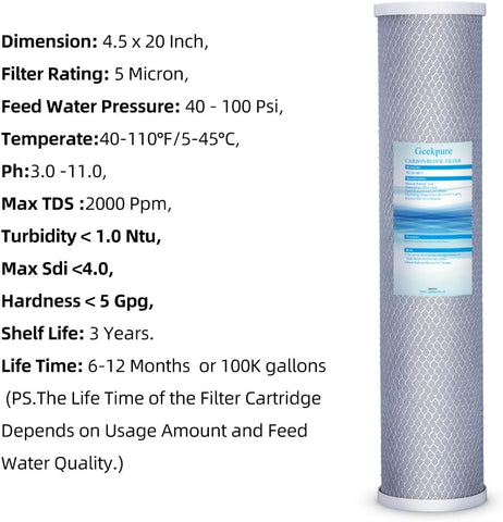 Geekpure 20 Inch Whole House PP and Carbon Filters-4.5 x 20 Inch-5 Micron