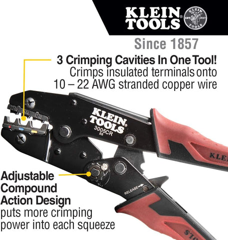 Klein Tools 3005CR Wire Crimper Tool, Ratcheting Insulated Terminal Crimper for 10 to 22 AWG Wire