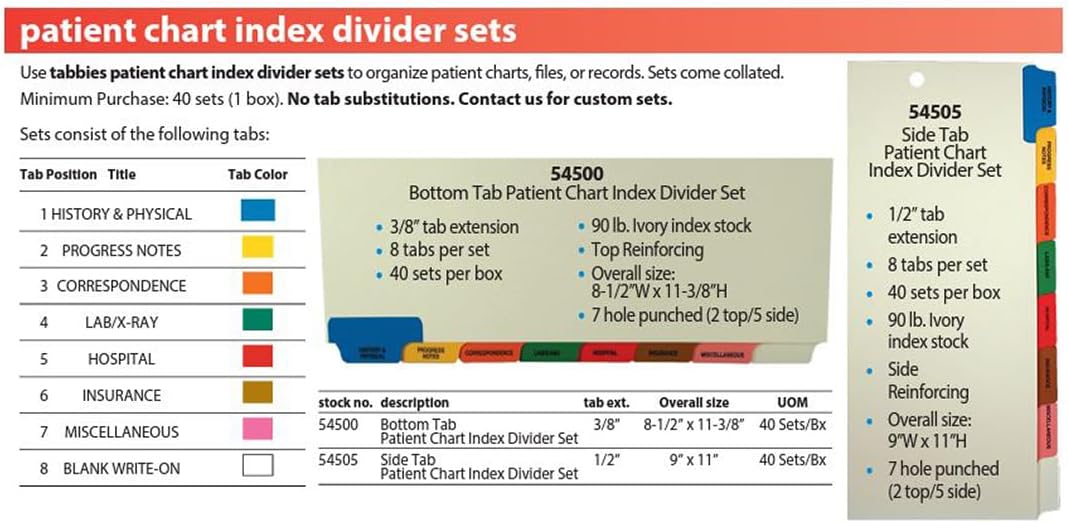 Tabbies 8-Bottom Tab Medical Chart Index Set , Red, Brown, Blue, Orange, Yellow, Green , 8-1/2" x 11-3/8"