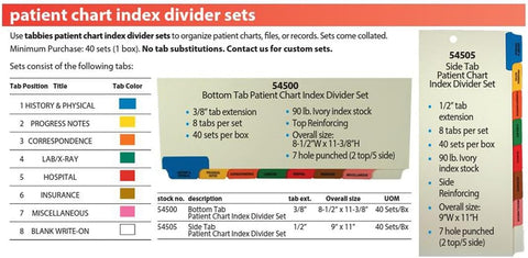 Tabbies 8-Bottom Tab Medical Chart Index Set , Red, Brown, Blue, Orange, Yellow, Green , 8-1/2" x 11-3/8"