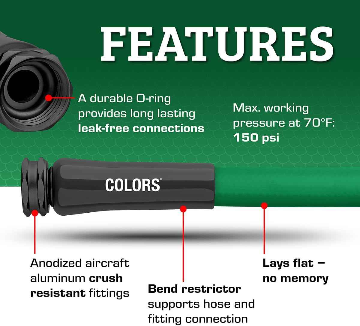 Flexzilla Colors Garden Hose 5/8 in. x 50 ft., Lightweight All-Weather Water Hose, Durable and Flexible, Leak-Free Connections, Forest Green