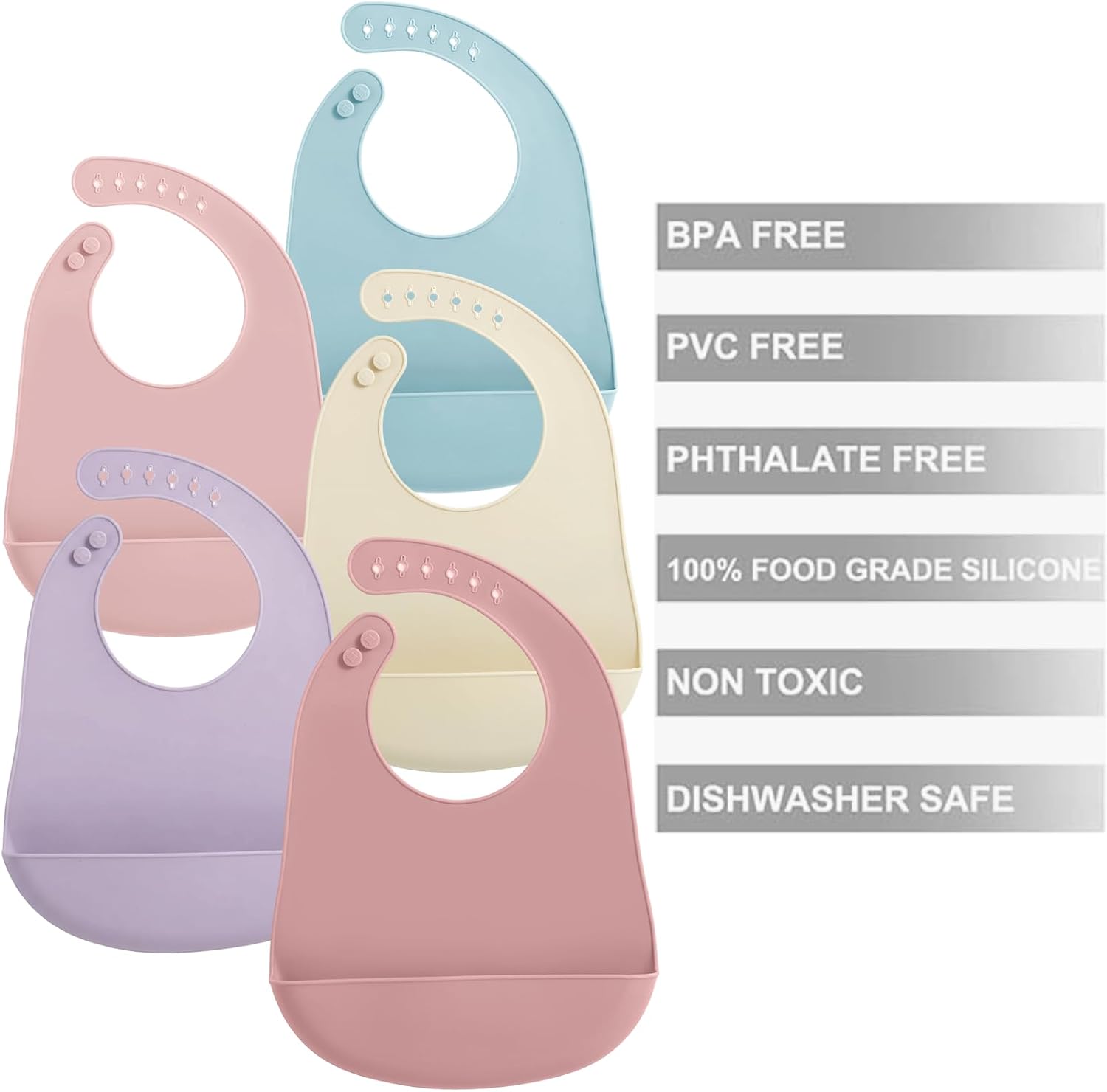 PandaEar 5 Pack Waterproof Silicone Baby Bibs| Super Thin Light Weight Feeding Bib with Food Catcher Pocket for Toddler