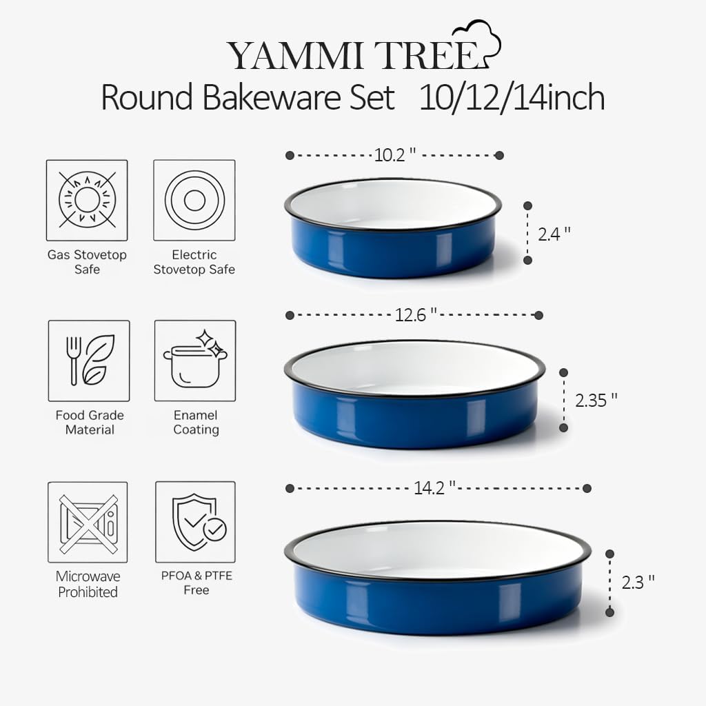 3-Pack Enamel Roasting & Baking Pan Set 10/12/14 Inch Round Cake Pans, High Temperature Resistant Baking Dishes for Turkey Pizza Casseroles Oven Bakeware PFOA & PTFE Free Ideal Gift for Mom - CookWare