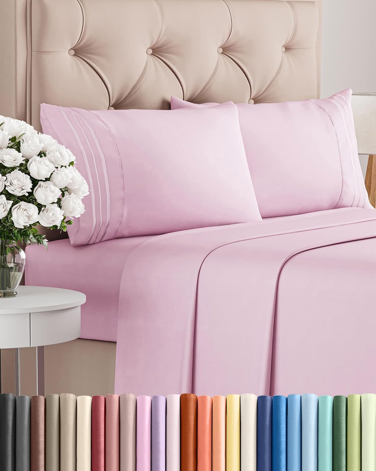 Queen Size 4 Piece Sheet Set - Breathable & Cooling Sheets - Light Pink