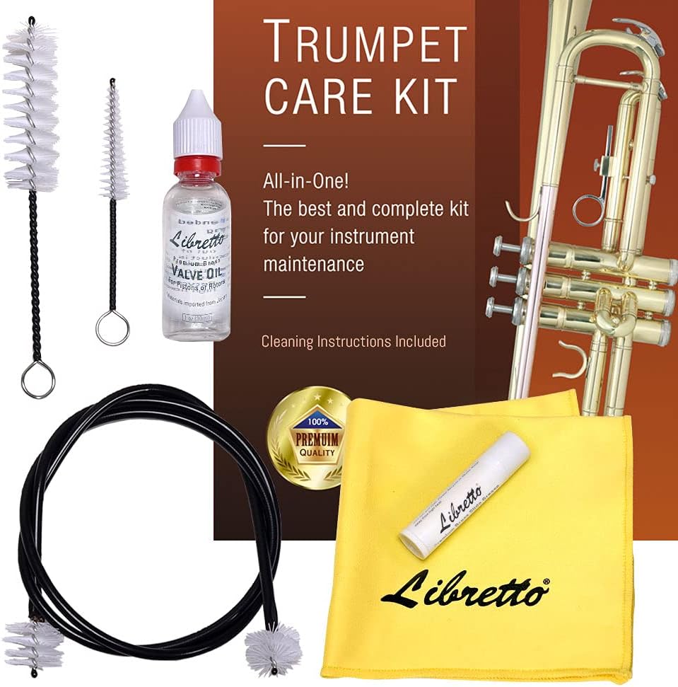 Libretto Trumpet (Cornet) All-Inclusive Care Kit w/Instructions: Valve Oil+Slide Grease+Cleaning Cloth+Mouthpiece/Valve/Bore Brushes, Giftable Handy Case, Time to Clean & Extend Life of Your Trumpet!