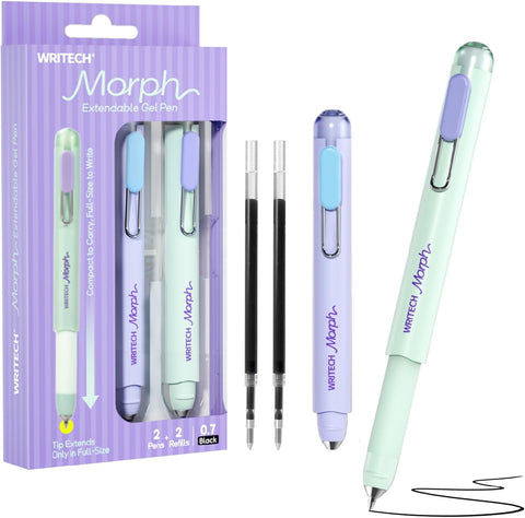 WRITECH Gel Pens Medium Point: Morph 0.7mm Black Ink Mini to Full Size Soft Grip Portable Extendable Pocket Pen Set with 2 Pens and 2 Refills
