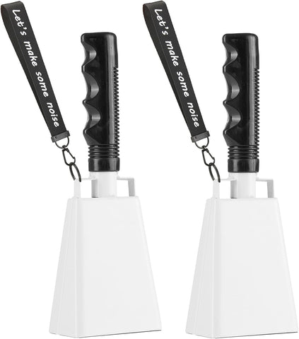White Cowbells with Wrist Strap 2 Pack Metal Noise Makers for Sports Games