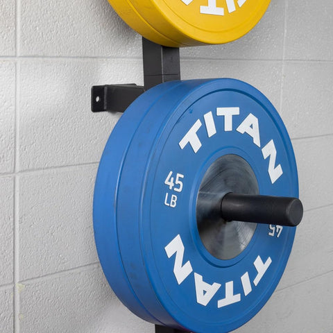 Titan Fitness Weight Plate Wall Mounted Storage Rack, Angled 4-Peg Design, Olympic Sized Weight Plate Organizer, Rated 800 LB, Anchored Wall Mounted Storage