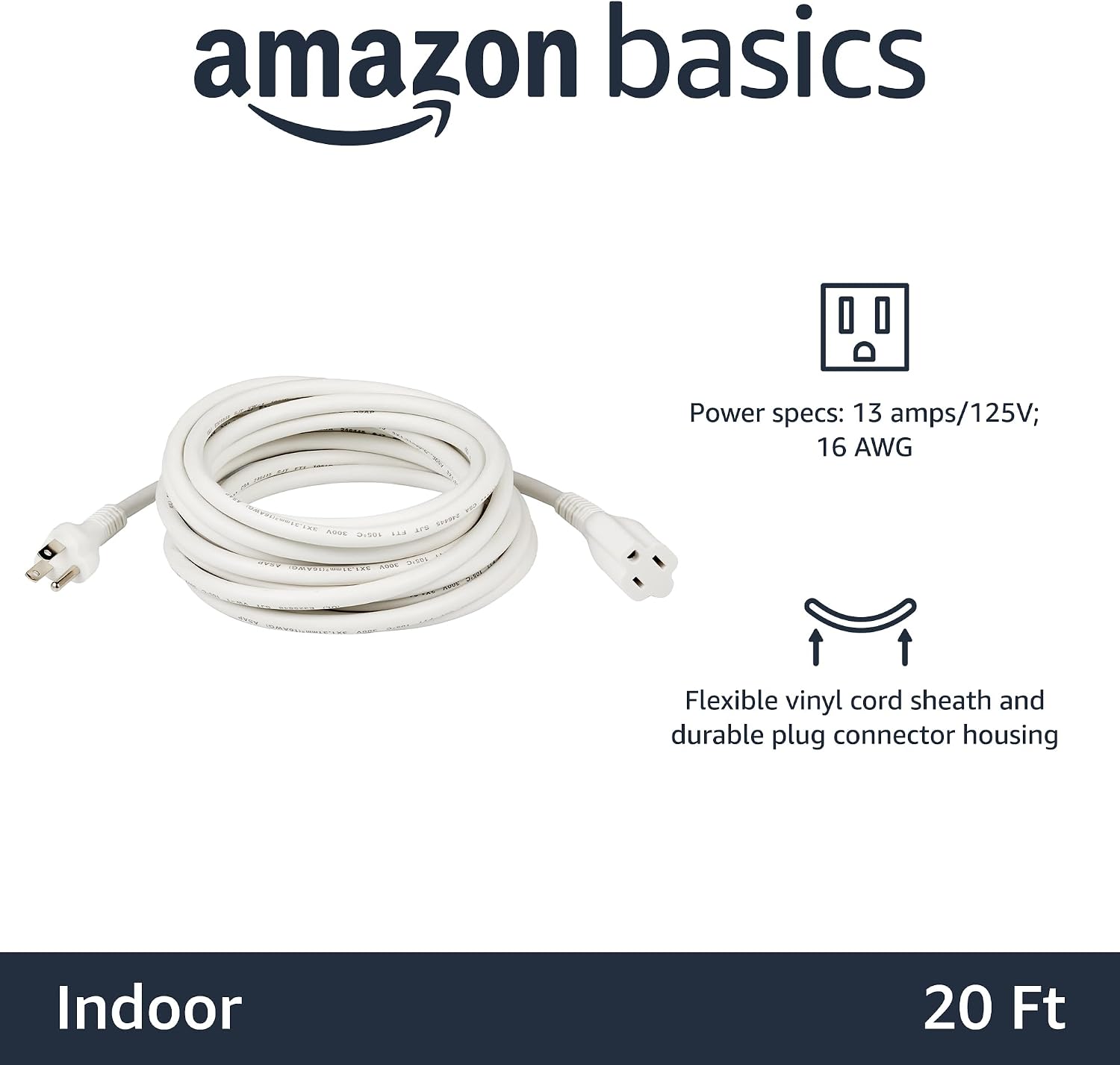 Amazon Basics Extension Cord, 13 Amps, 125V, 20 Foot, White, 2-Pack