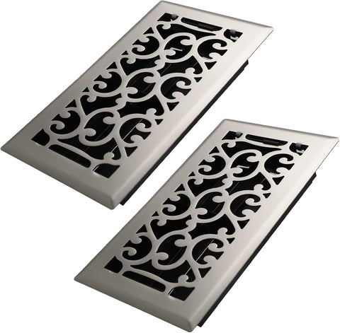Howeall 4x8 Inches 2 Pack Heavy Duty Walkable Floor Register - Easy Adjust Air Supply Lever Decorative Floor Vent Covers, Savannah Design Vent Covers for Home - Satin Nickel