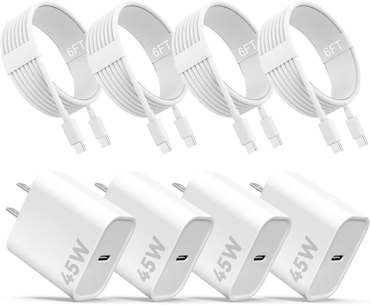 Phone 17 16 15 Charger, 45W USB C Charger, 4-Pack Fast Wall Charging, USB-C Chargers Block (4-Pack 6 ft Cable Included) for Phone 17/16/15/15 Pro/15 Pro Max/iPad Pro/AirPods Samsung & More