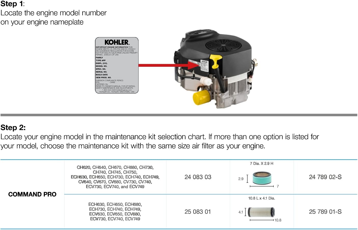 Kohler Genuine Maintenance Kit 24 789 02-S for Command PRO Twin Series CV18-CV25 CV675-CV740 CH18-CH25 CH730-CH750 18-27HP