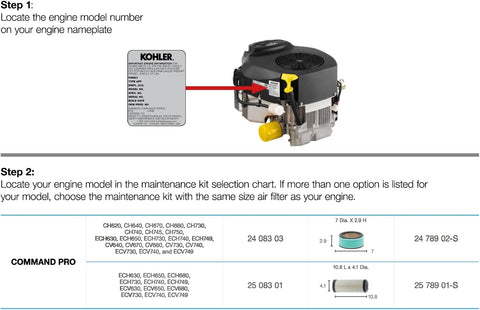 Kohler Genuine Maintenance Kit 24 789 02-S for Command PRO Twin Series CV18-CV25 CV675-CV740 CH18-CH25 CH730-CH750 18-27HP