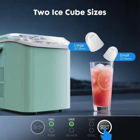 Sweetcrispy Countertop Ice Maker with Scoop, Basket and Handle, Portable Ice Machine 9 Cubes Ready in 6 Mins, 26.5lbs in 24Hrs, 2 Sizes for Home Kitchen Office Bar Party, Green