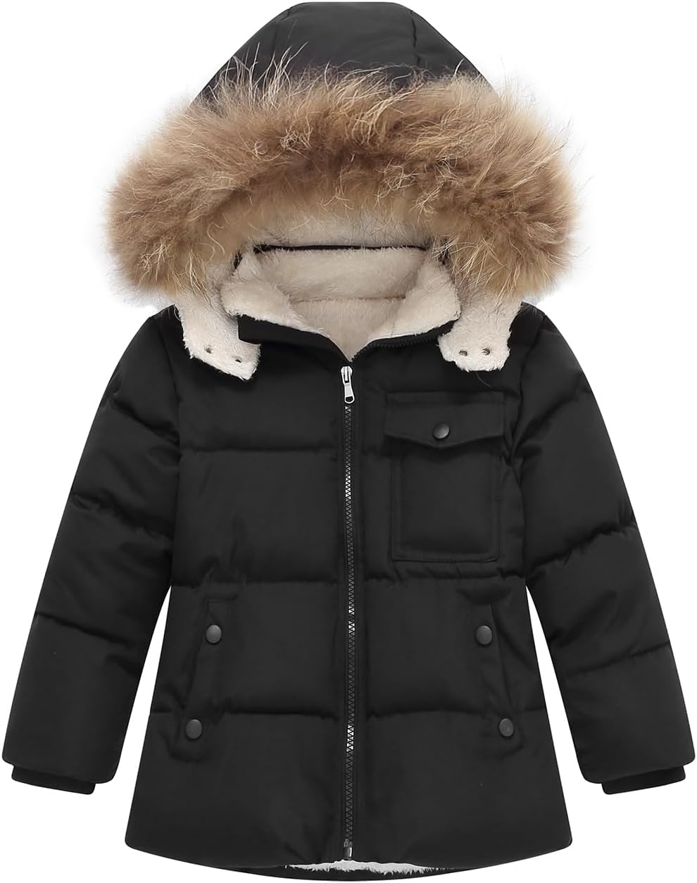 Kids Winter Fleece Lined Puffer Jacket For Girl Collar Hooded Coats