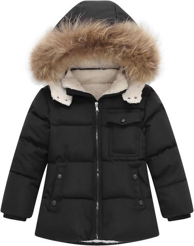 Kids Winter Fleece Lined Puffer Jacket For Girl Collar Hooded Coats