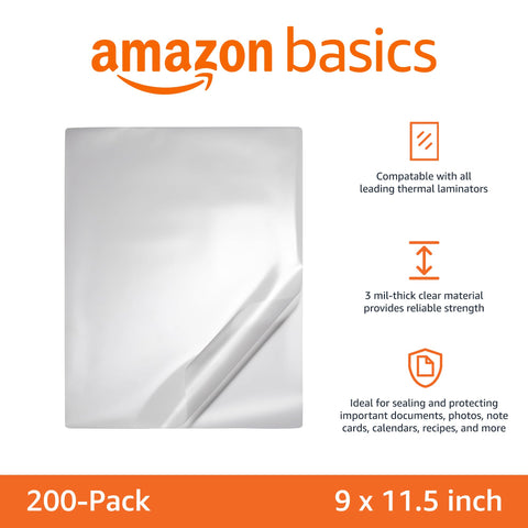 Amazon Basics Clear Thermal Laminating Plastic Paper Laminator Sheets, 9 x 11.5-Inch, 200-Pack, 3mil