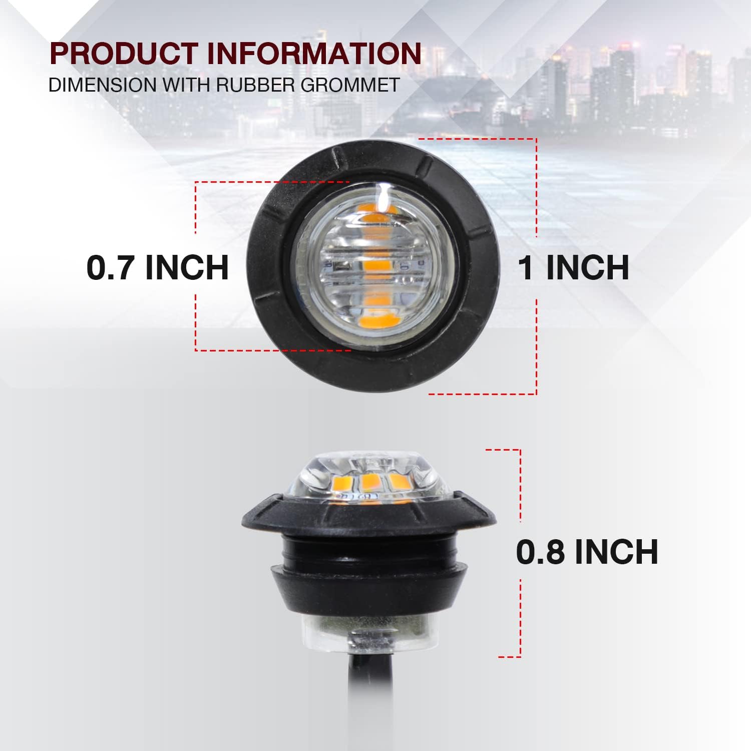 TMH 3/4 Inch Clear Lens Amber 3 LED Clearance Side Marker Indicator Lights Round Mini Lamp with Rubber 12V DC for Truck Lorry Tow Trailer Car (Pack of 10)