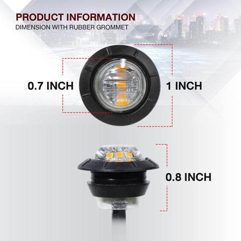 TMH 3/4 Inch Clear Lens Amber 3 LED Clearance Side Marker Indicator Lights Round Mini Lamp with Rubber 12V DC for Truck Lorry Tow Trailer Car (Pack of 10)