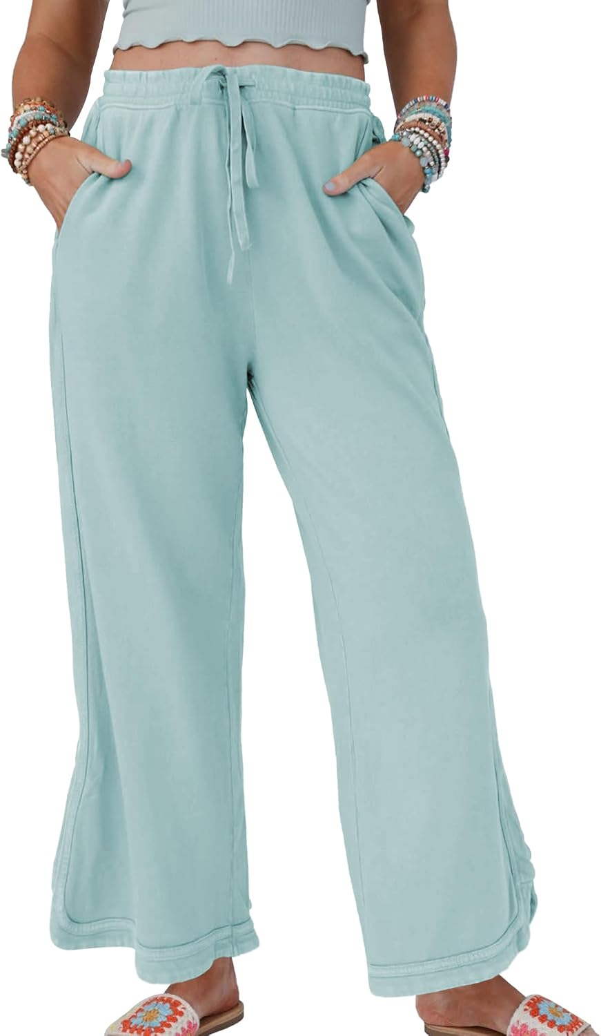Hixiaohe Women's Casual Wide Leg Sweatpants High Waist Baggy Acid Wash Pants Drawstring Athletic Palazzo Pants with Pockets