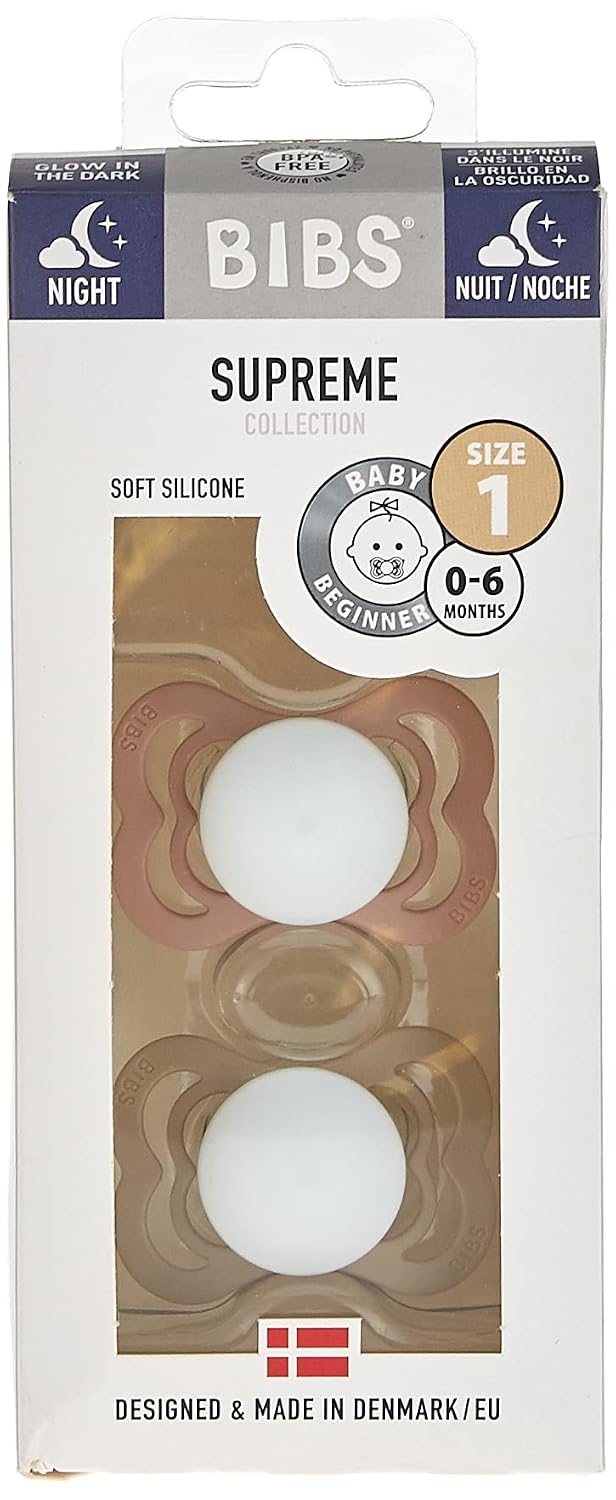 BIBS Supreme Baby Pacifier 2-Pack | Made in Denmark | BPA Free Dummy Soother, Symmetrical Nipple. Silicone, Size 1 (0-6 Months), Blush Glow/Vanilla Glow