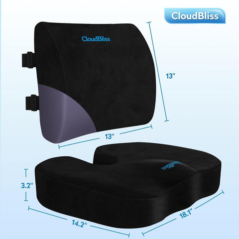 CloudBliss Ergonomic Seat Cushion & Lumbar Support Pillow Set, Black,Large