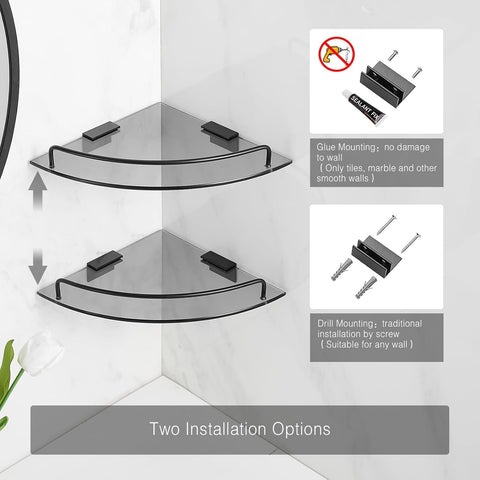 Voldra Glass Corner Shower Caddy, 2 Pack Adhesive Corner Shower Shelves for Inside Shower No Drilling, Tempered Glass Bathroom Corner Shelf with Guardrail Bathroom Shower Organizer Storage Rack(Black)