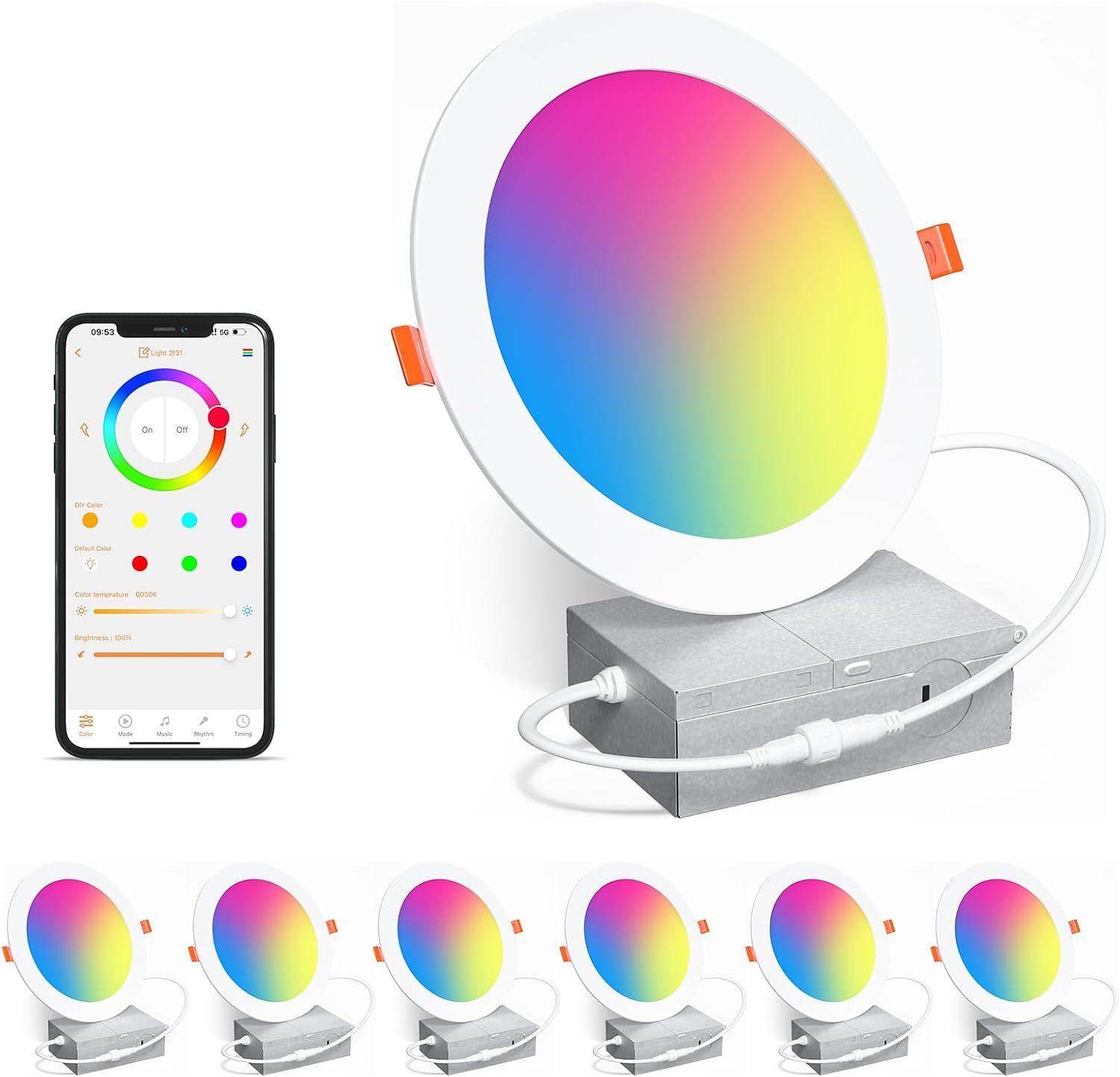 SikSog Smart Recessed Lighting 6 Inch RGBCW Color Changing 16W LED Downlight with Junction Box,1350 Lumen Recessed Ceiling Light Compatible with Alexa,Dimmable by Bluetooth Control -6Pack