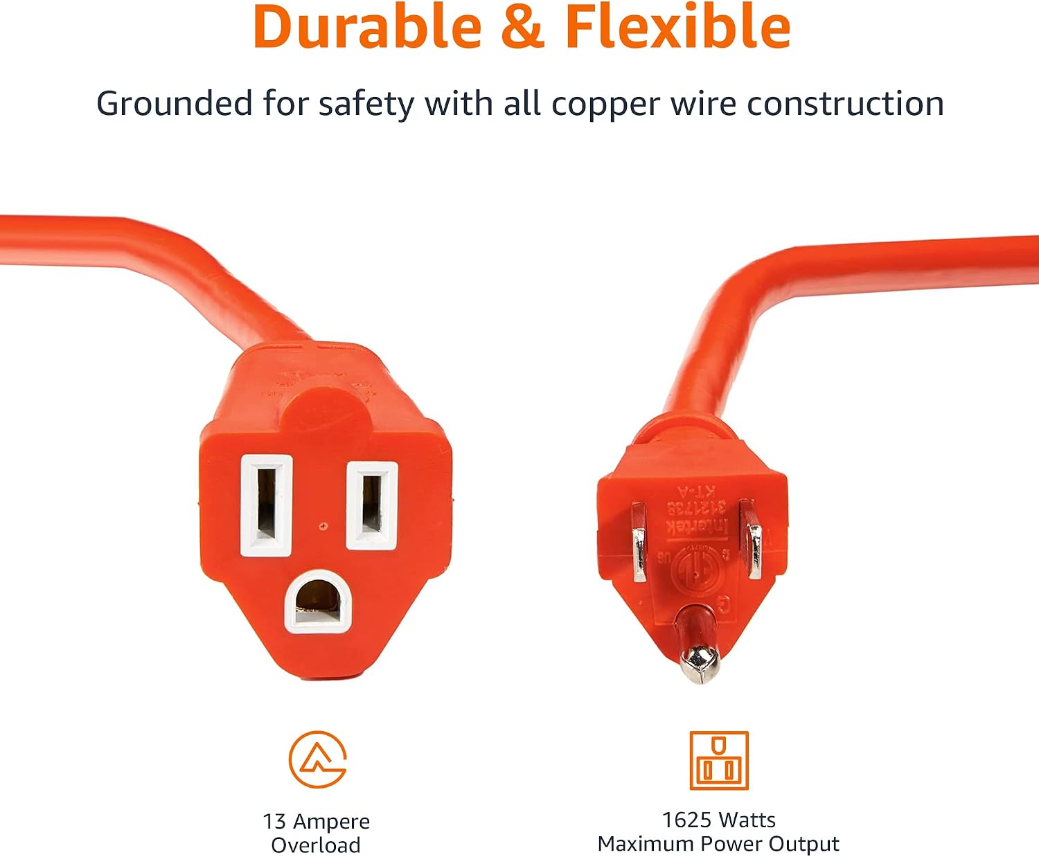 Amazon Basics 50-Foot 3-Prong Indoor/Outdoor Extension Cord, Heavy-Duty, 13 Amps, 1625 Watts, 125 VAC, Orange