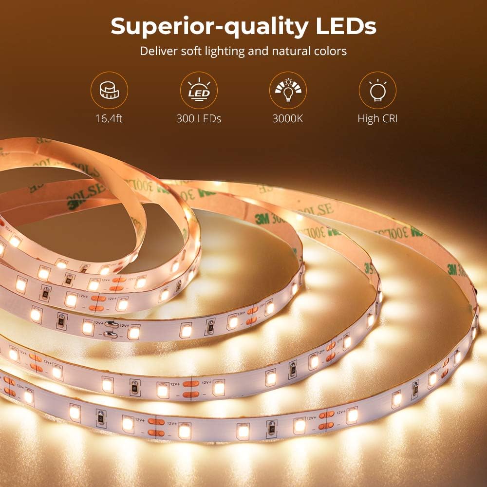 Govee Warm White LED Strip Lights 16.4ft with Control Box, 3000K, Dimmable